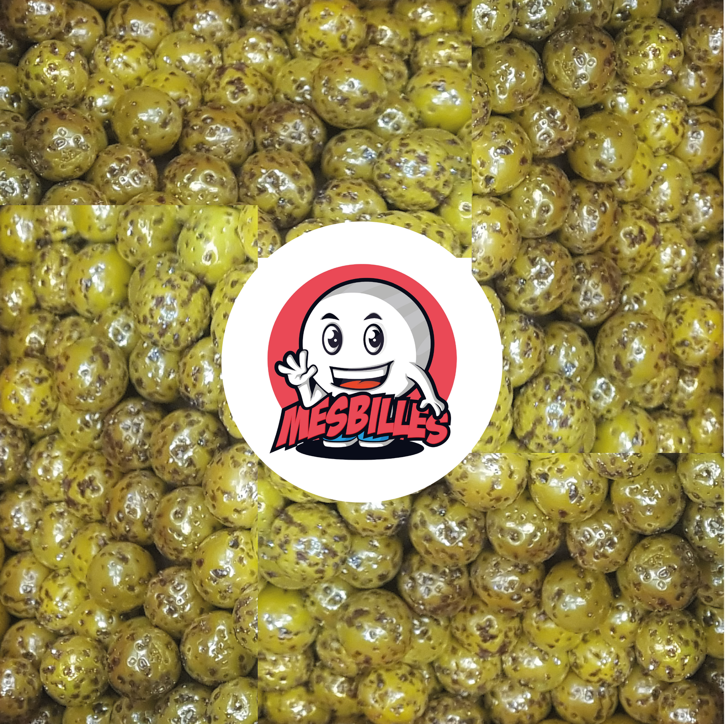 Image of My-Glassmarbles Mascot surrounded by 25 mm Speckled Marbles, Yellow with Violet Chips