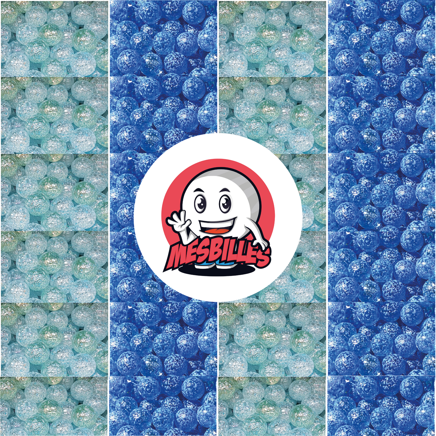 Image of My-Glassmarbles Mascot surrounded by Marbles Translucent glass Speckled nugget 16 mm