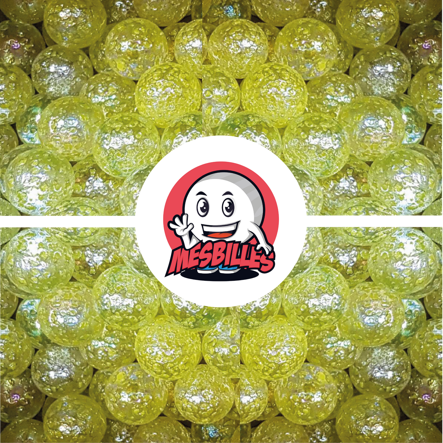 Image of My-Glassmarbles Mascot surrounded by Marbles Translucent glass Speckled nugget YELLOW 16 mm