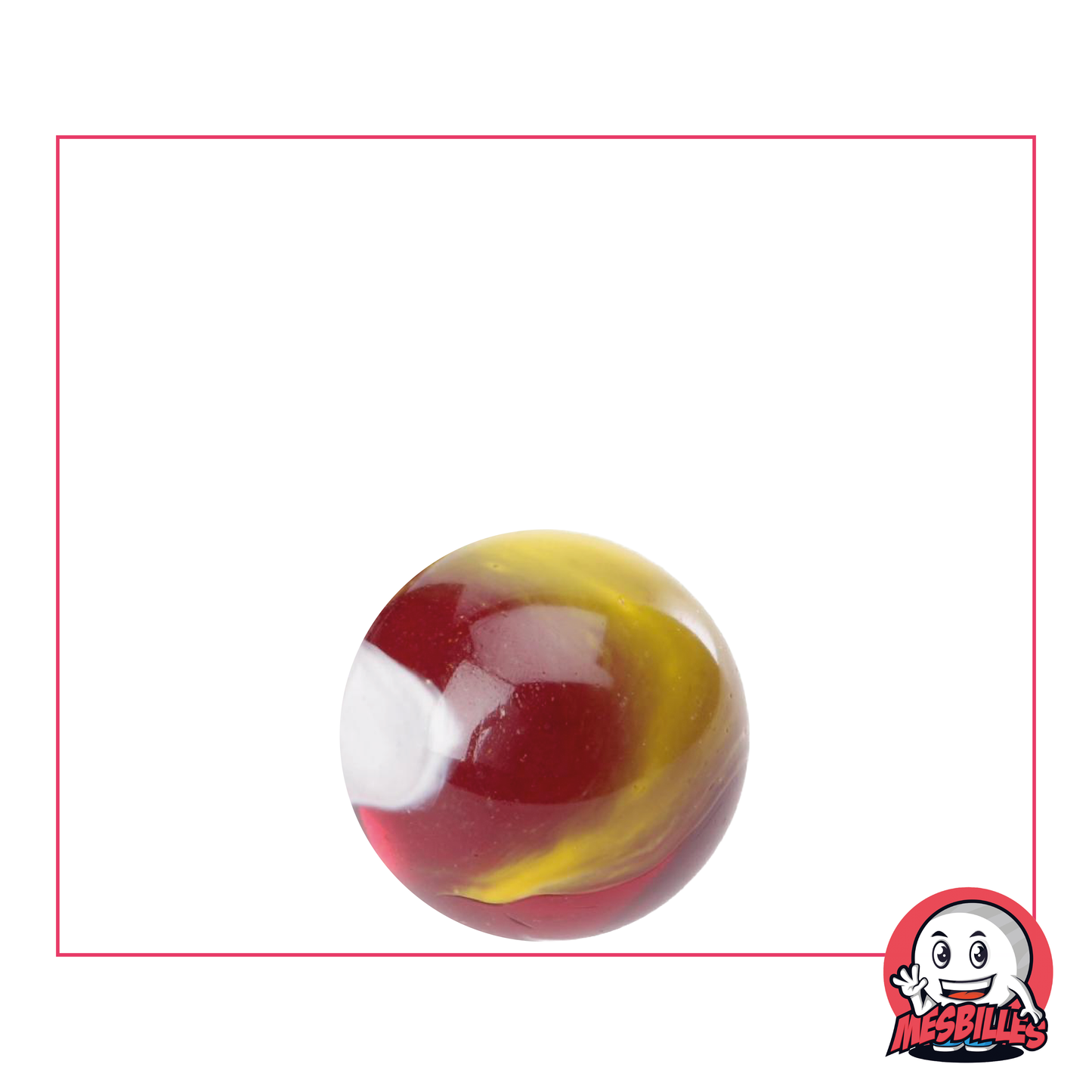 16 mm Marble Clown, round marble in translucent red glass with a white and yellow surface.