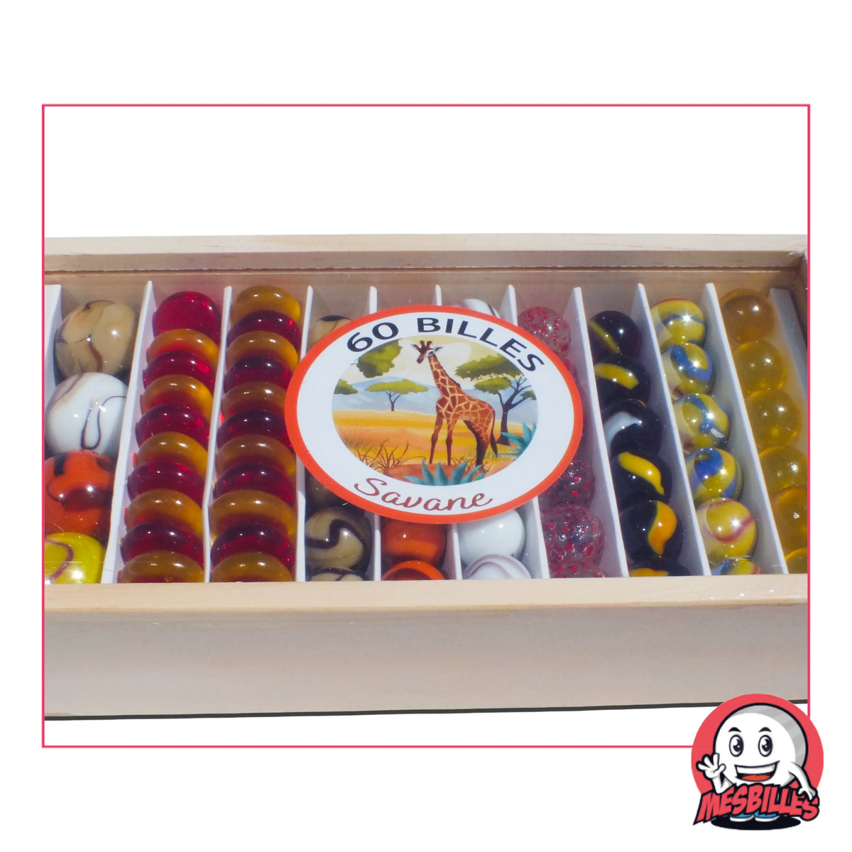 Coffret 60 billes Savane : tons chauds, motifs fauves et coffret bois. Idéal pour les petits explorateurs et les collectionneurs aventuriers.