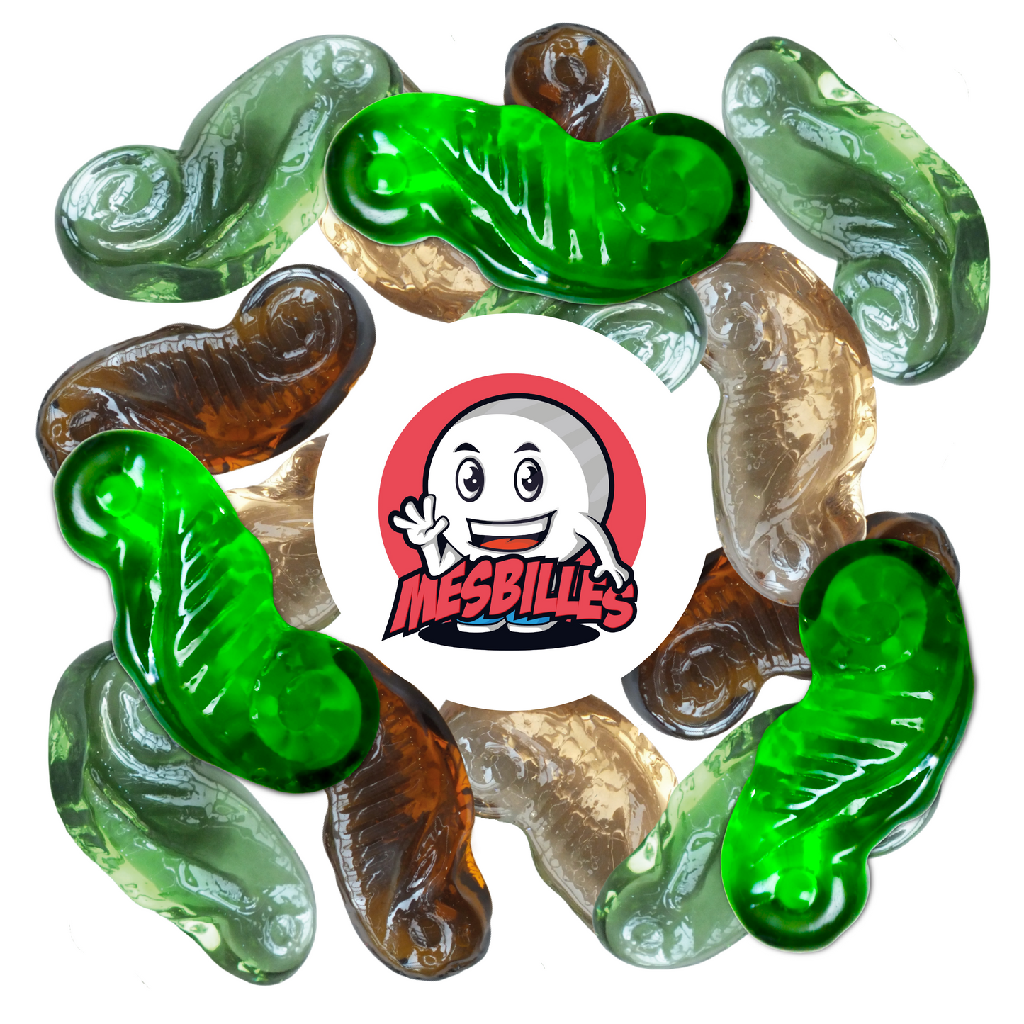 Close-up of several glass Seahorse marbles in different shades (green, amber, crystal), arranged around the My-Glassmarbles Logo.