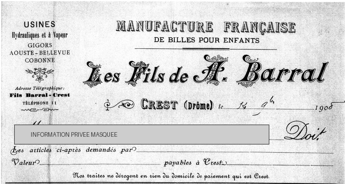 En-tête d'une facture de la Manufacture française de billes pour enfants, Les Fils de A. Barral, à Crest (Drôme), datée du 14 novembre 1908. À gauche, la liste des usines : Gigors, Aouste-Bellevue, Cobonne.