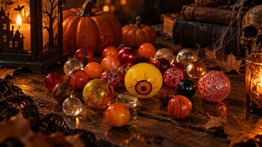 Des billes de verre orange, rouges et ambrées posées sur une table en bois, entre des citrouilles, de vieux livres, un crâne et des feuilles d'automne, éclairées par une lanterne, au centre, une grosse bille jaune peinte en œil.