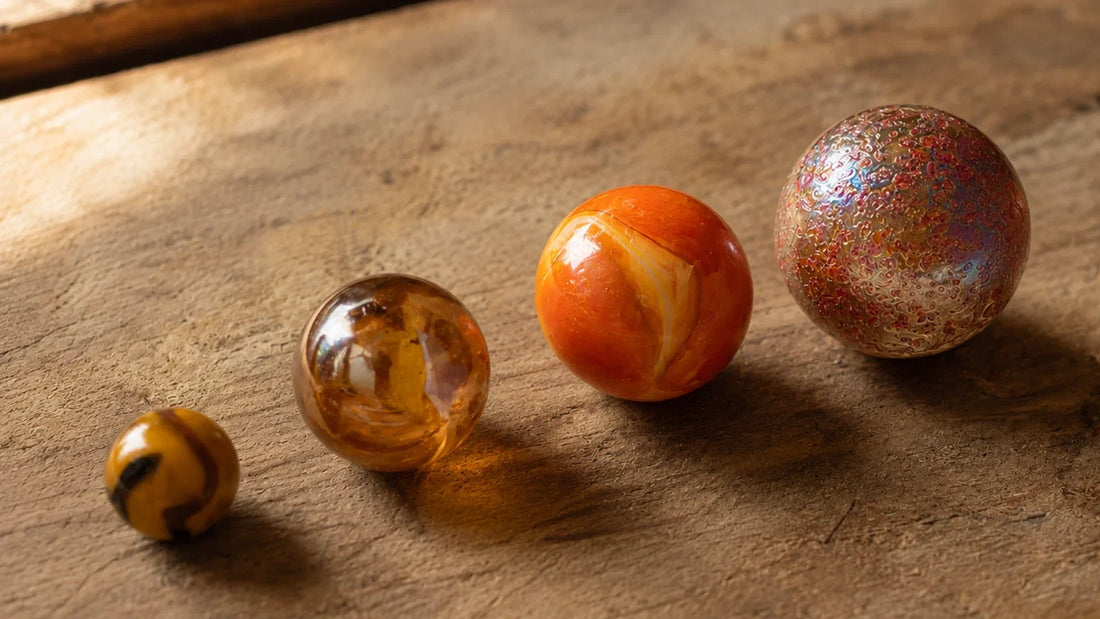 Billes de verre MesBilles de plusieurs tailles, du calot au mammouth, évoquant la nomenclature de la maison.