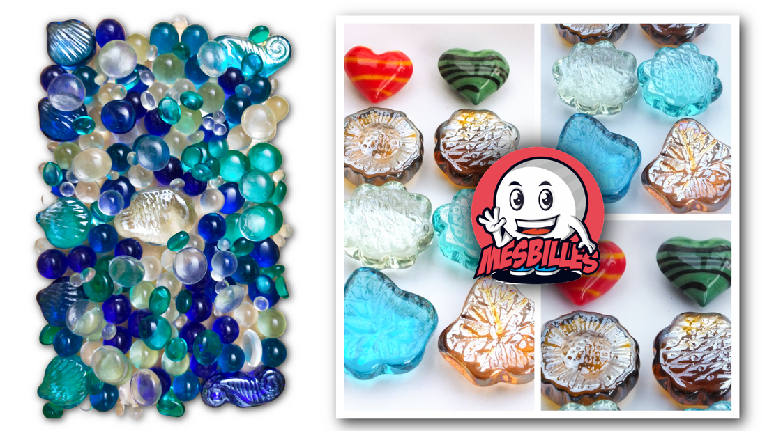 Photo montage of marbles in the shape of hearts, stars, flowers, and animals, ordered by My-Glassmarbles customers.