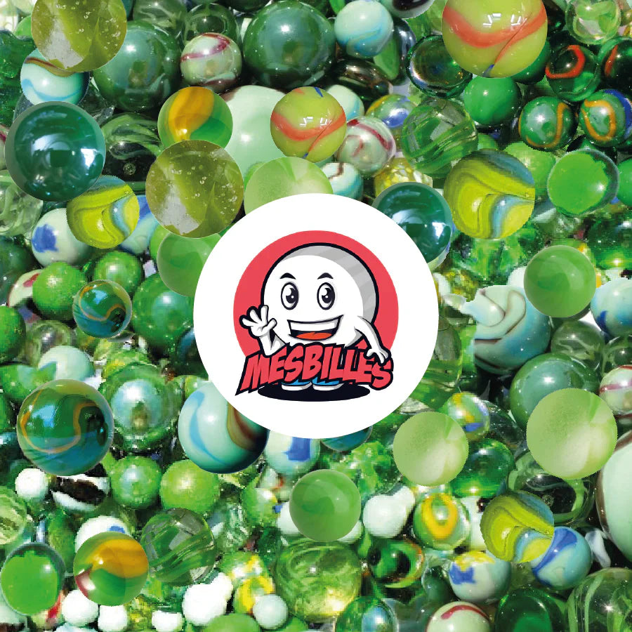 My-Glassmarbles collection of green marbles – round and flat marbles in a variety of patterns, with a shiny finish, ideal for decoration, games or collections