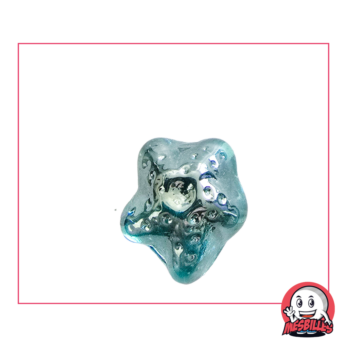 Marble in the shape of a starfish, translucent blue with internal bubbles and a shiny surface.