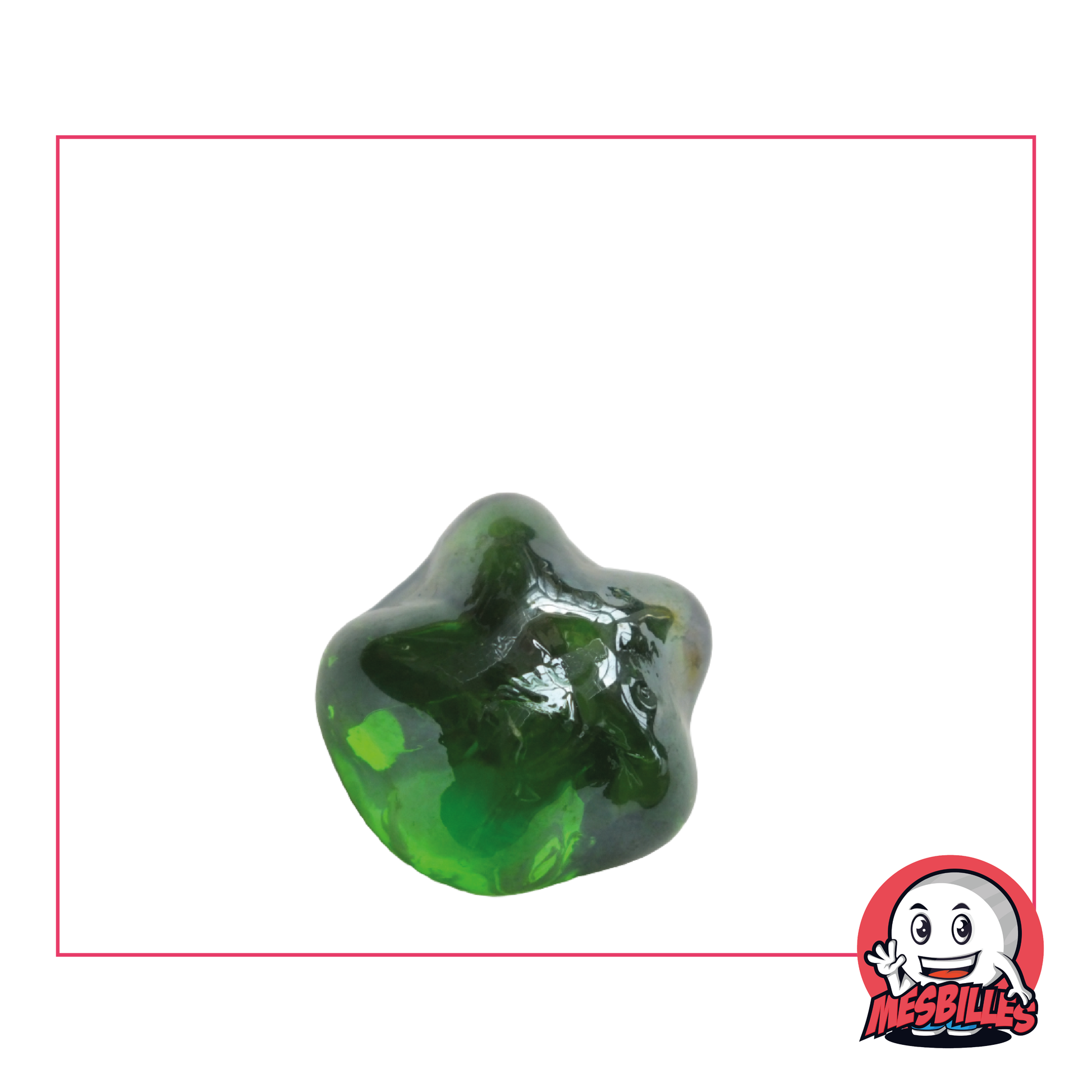 Photo of a translucent Green Marine Star marble, flat shape, measuring approximately 30 mm.