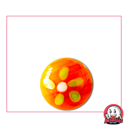The 16 mm Orange Daisy Marble is an art marble, made by craftsmen.