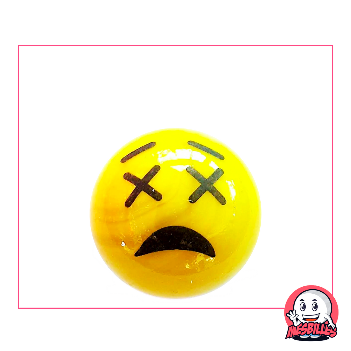 Yellow Marble with a shocked face: black cross eyes, open black mouth