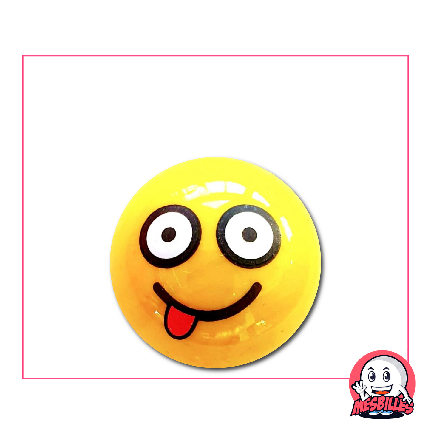 Yellow Marble with tongue-in-cheek smiley face and round black eyes