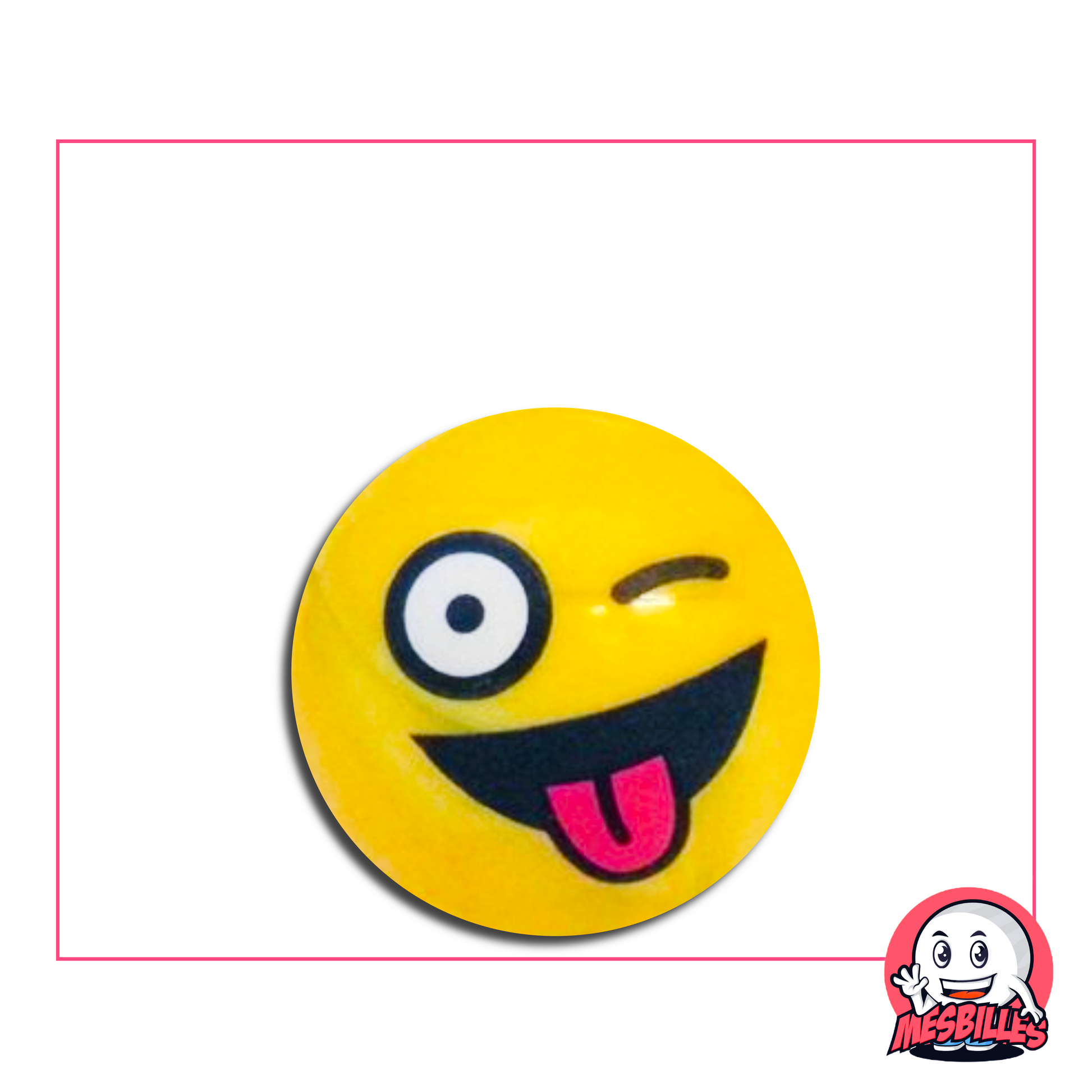 Yellow Marble with a smiley face winking and sticking its tongue out, cartoon style.