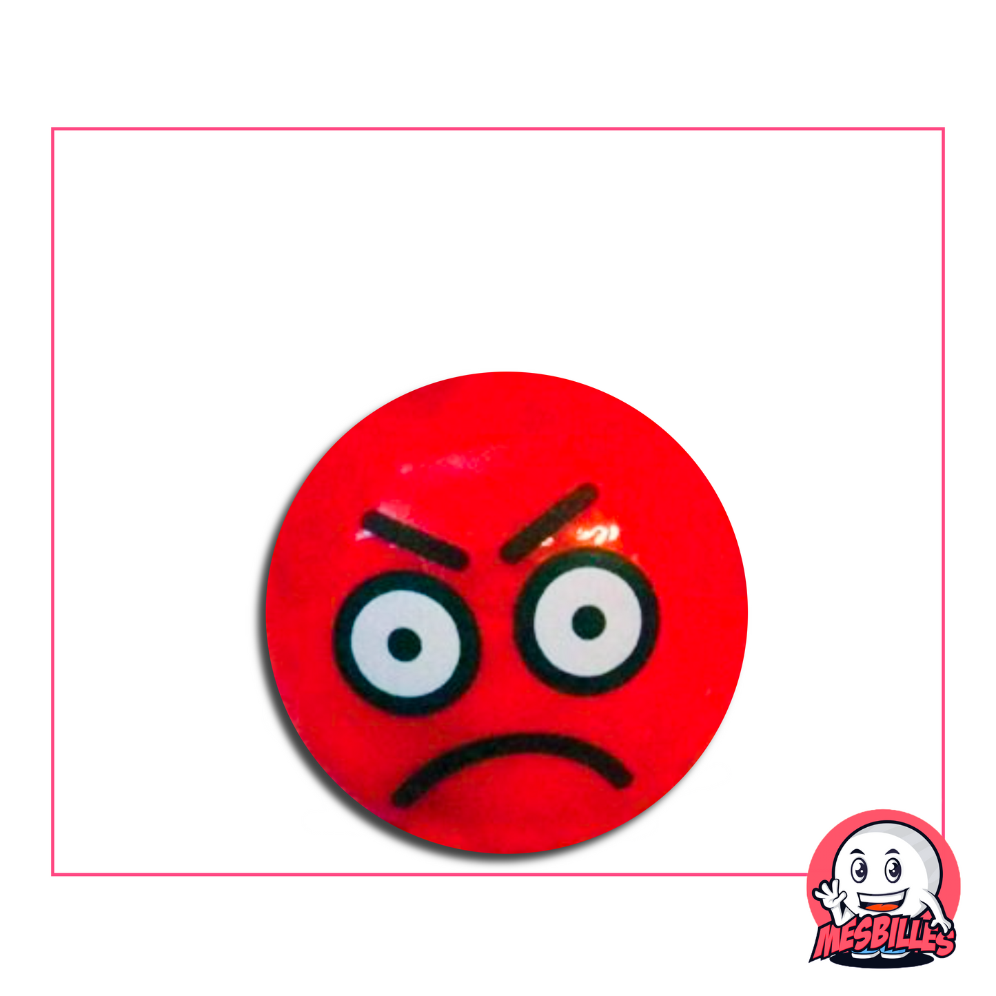 Red Marble representing a furious face with raised eyebrows and expressive round eyes.