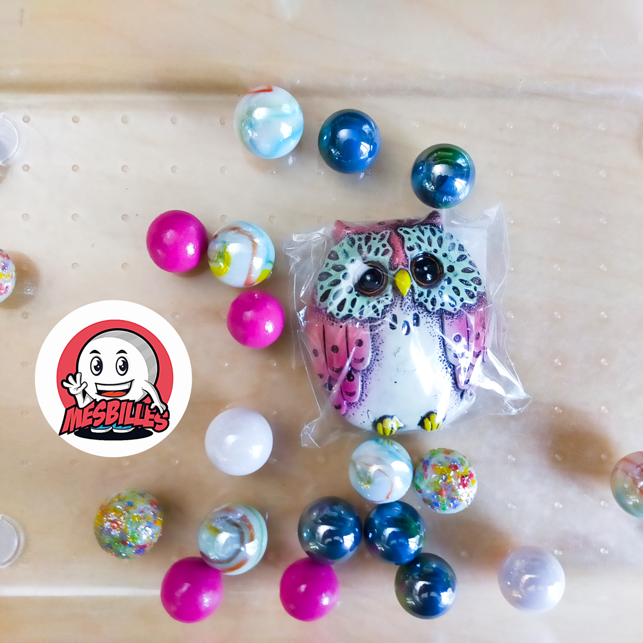 Lucky Pink Owl with 20 Marbles - My-Glassmarbles Fairy Edition