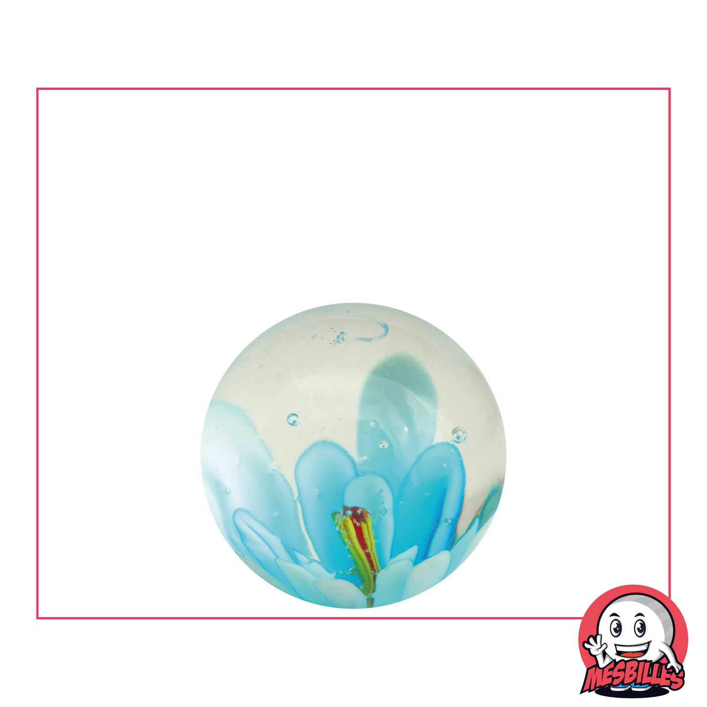 Flower Marble Art, in translucent glass with a 3D turquoise flower inlaid in the centre - My-Glassmarbles