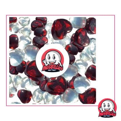 Mélange de Billes Forme Coeur, en verre Translucide de Couleur Cristal et Rouge.