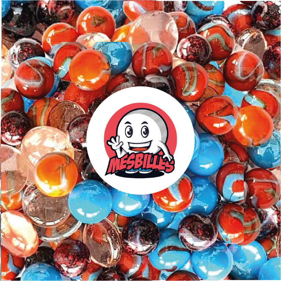 Billes Vénus, des Billes Rondes et Plates en verre Opaque et Brillant de Couleurs Orange et Bleu. 