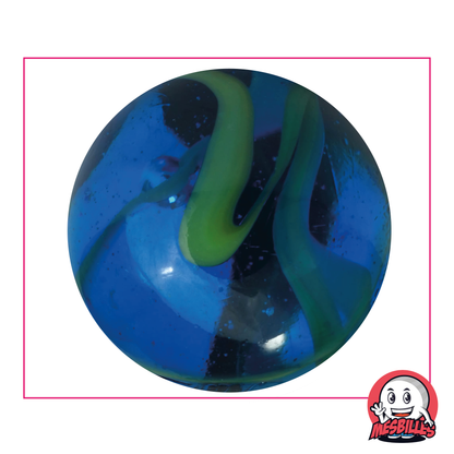 Marbles Abysse 50 mm in dark blue translucent glass and green trace, large size marble