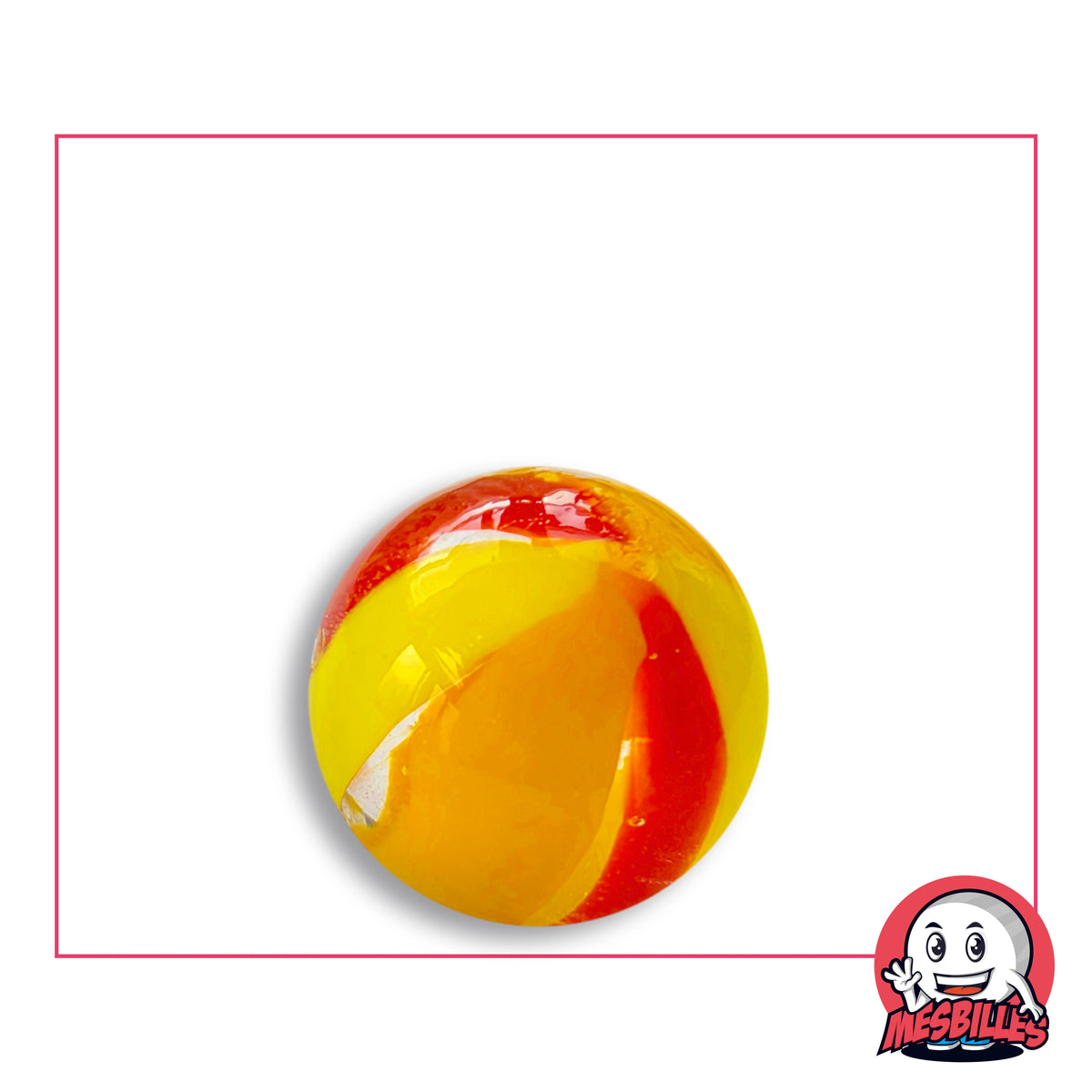 Bille Art Ballon Rouge Jaune en verre transparent, larges fuseaux jaune vif, orange et rouge translucides, vue de trois quarts, 22 mm de diamètre
