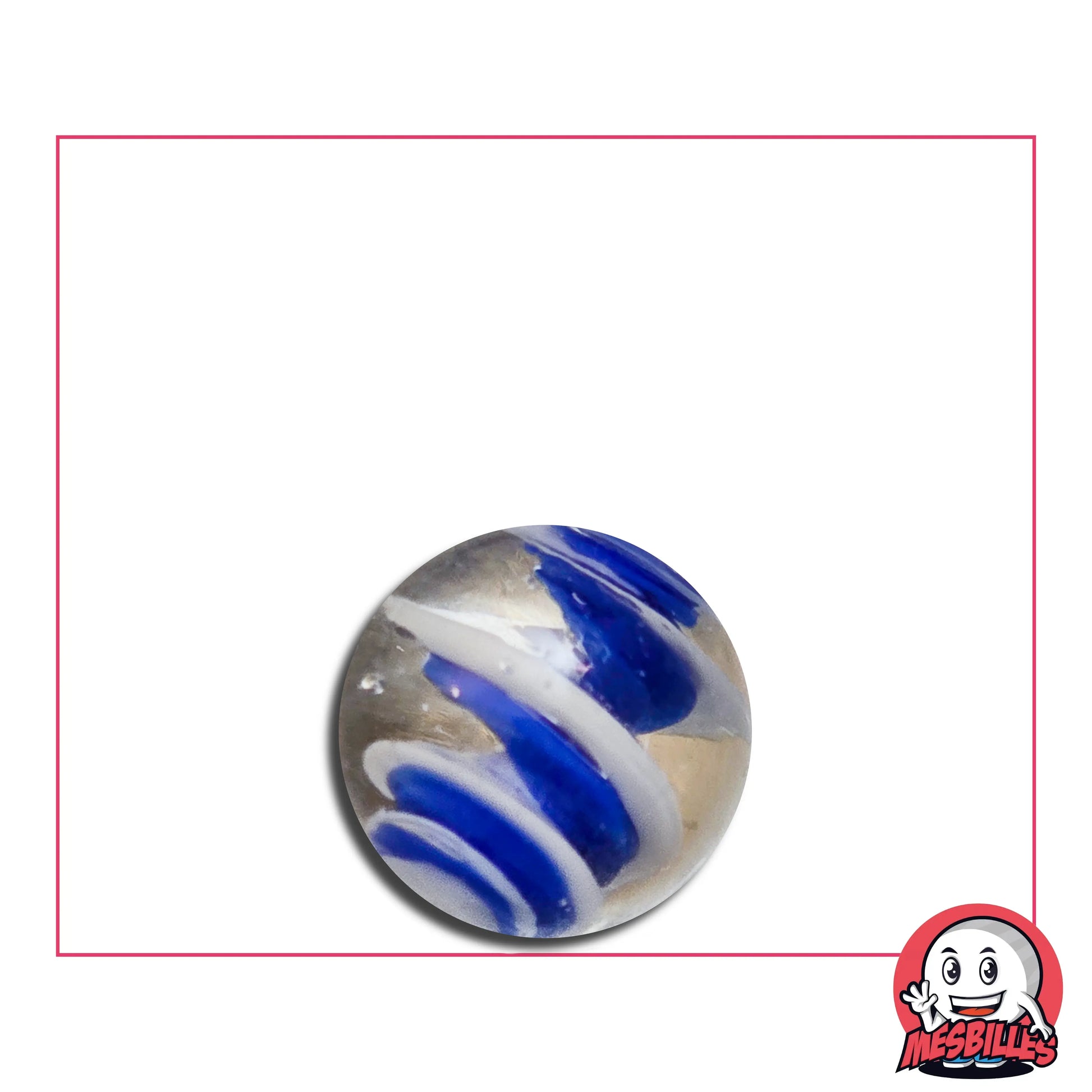 Bille Art Bonbon Bleu Blanc 16 mm – bille en verre de Bohème transparente avec spirales bleu cobalt et blanches, effet confiserie givrée MesBilles