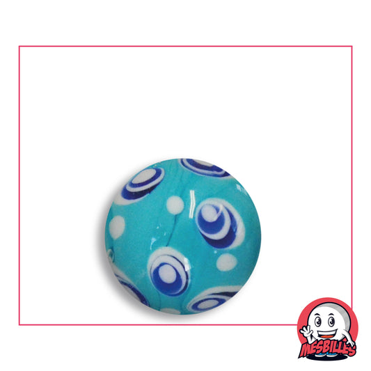 Bille Art Bubble Bleu 22 mm en verre turquoise opaque à cercles bleu roi et points blancs, vue de dessus, 22 mm de diamètre
