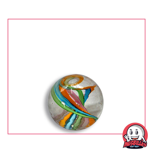 Bille Art Hélice 16 mm en verre clair à rubans orange, bleus, verts et roses, vue de dessus, 16 mm de diamètre