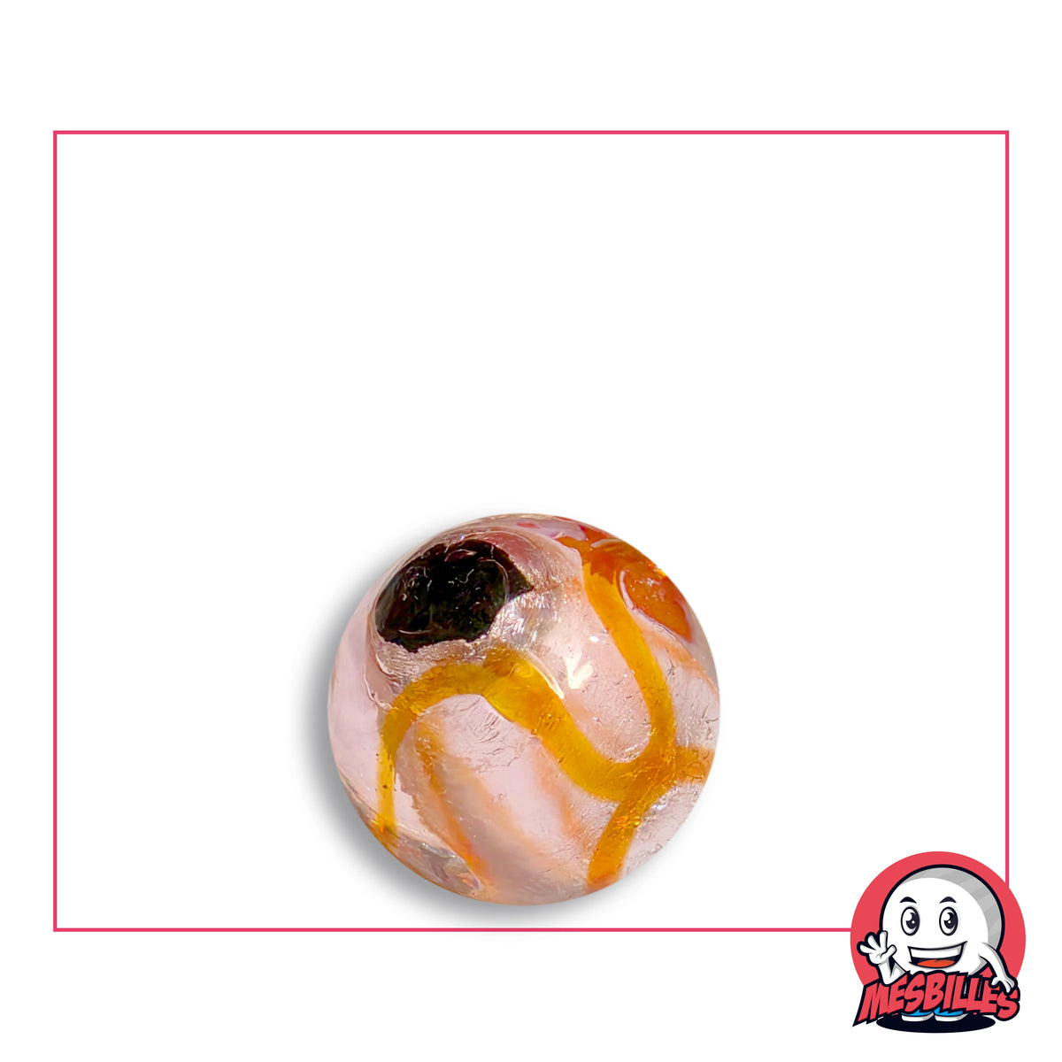 Bille Art Machu Picchu Orange 16 mm en verre clair rosé au décor argenté d’aspect froissé et rubans orange ambré en zigzag, un bout noir opaque, vue de dessus, 16 mm de diamètre
