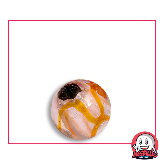 Bille Art Machu Picchu Orange 16 mm en verre clair rosé au décor argenté d’aspect froissé et rubans orange ambré en zigzag, un bout noir opaque, vue de dessus, 16 mm de diamètre