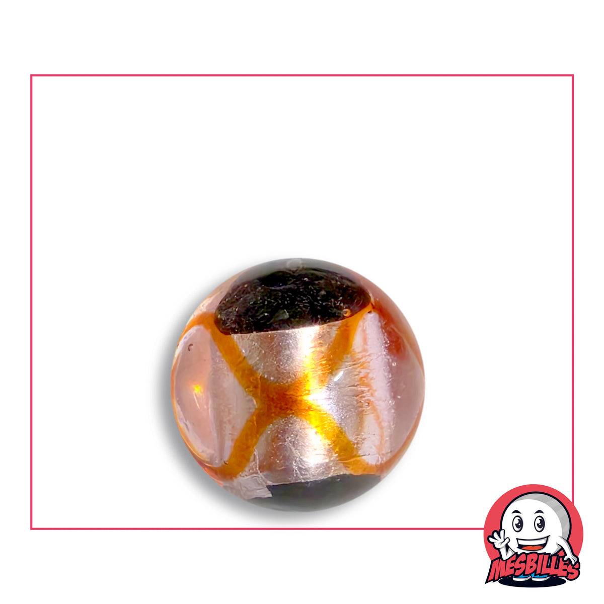 Bille Art Machu Picchu Orange 22 mm en verre clair rosé, large bande au décor argenté d’aspect froissé croisée de rubans orange ambré, deux bouts noirs opaques, vue de dessus, 22 mm de diamètre