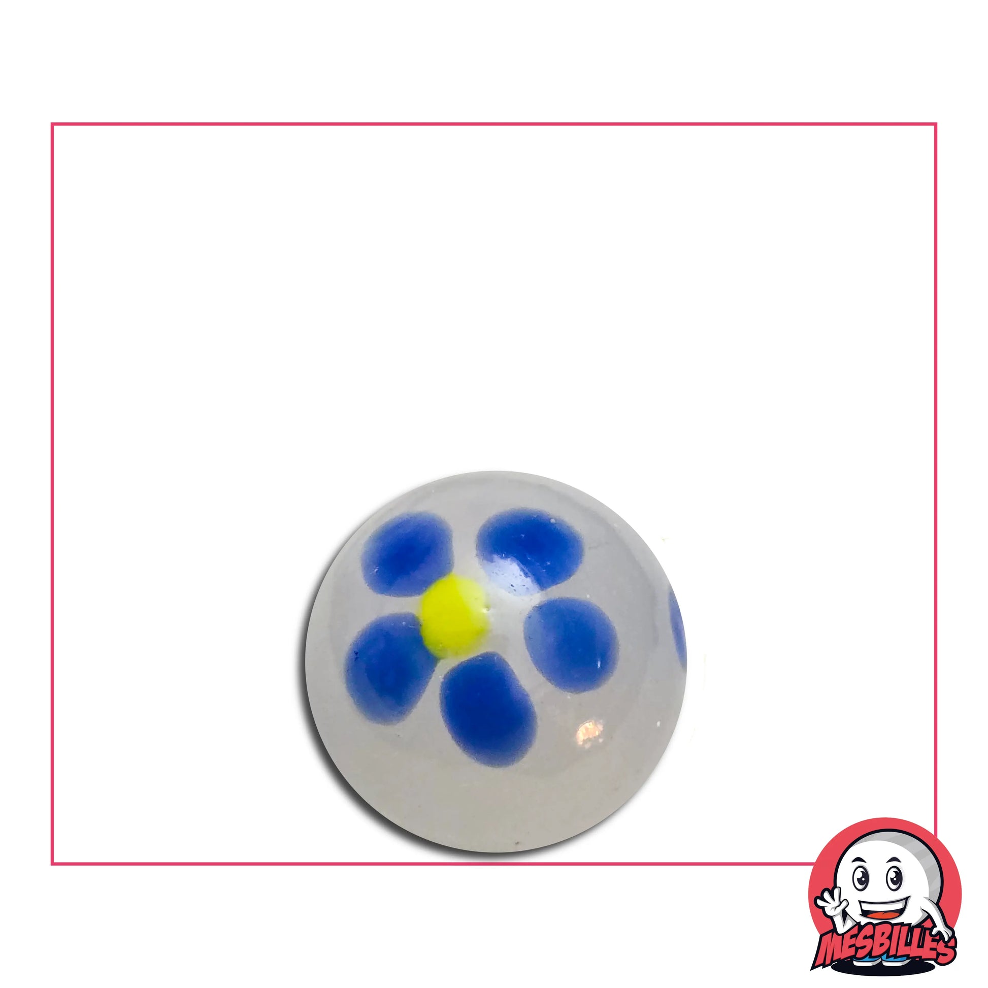 Bille Art Pâquerette Bleu Nuage 16 mm avec fleur bleue et cœur jaune dans verre translucide – bille artistique MesBilles