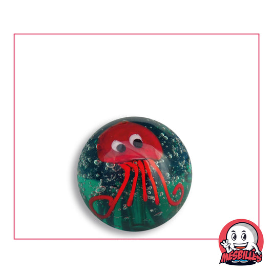 Bille Art Pieuvre en verre vert bleuté à bulles, pieuvre rouge aux tentacules recourbés, vue de dessus, 22 mm de diamètre