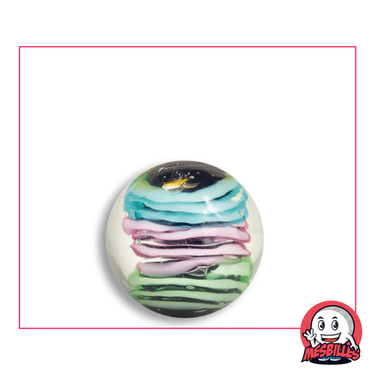 Bille Art Spiralo Pastel 22 mm en verre clair à couches turquoise, rose lilas et vert d’eau, vue de dessus, 22 mm de diamètre