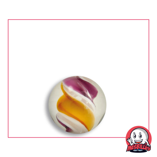 Bille Art Tornado Orange en verre clair à torsade orange safran, prune et blanche, vue de dessus, 16 mm de diamètre