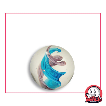 Bille Art Tornado Violet en verre clair à hélice turquoise et ruban mauve, vue de dessus, 22 mm de diamètre