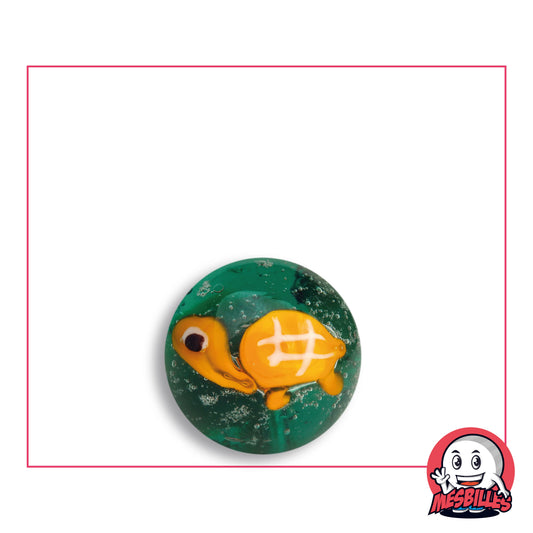 Bille Art Tortue en verre vert à bulles, tortue orange à carapace quadrillée, vue de dessus, 16 mm de diamètre