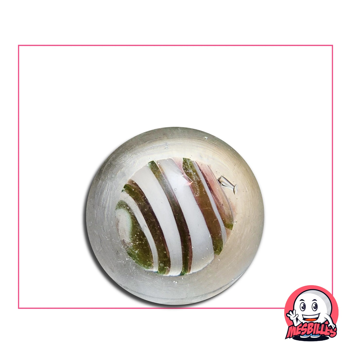 Bille d’Art Vague Violet 25 mm avec spirale violette et lignes blanches dans verre transparent.