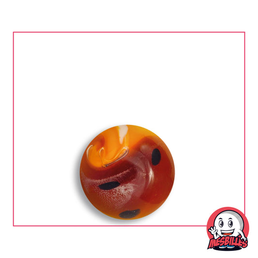 Bille Art Yin-Yang Orange en verre orange miel et brun rouge, volute orange vif et taches noires, vue de dessus, 16 mm de diamètre