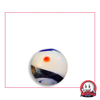 Bille Big-Bang Blanc et Bleu 16 mm Collector en verre blanc à bande bleu nuit et point orange, vue de dessus, 16 mm de diamètre