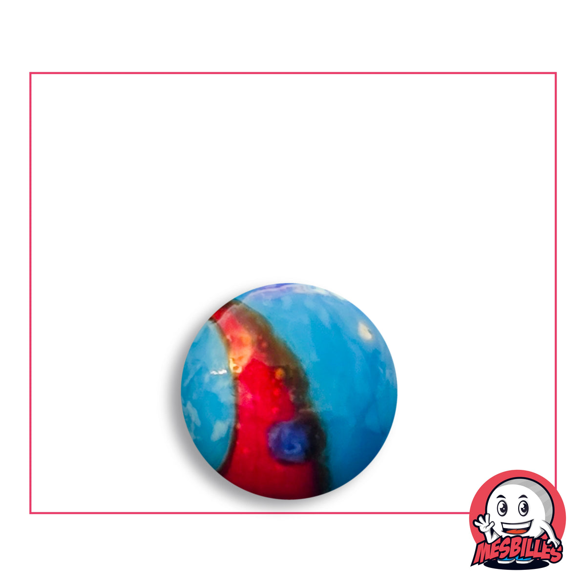Bille Big-Bang Bleu et Rouge 16 mm Collector en verre bleu ciel à virgule rouge et point bleu foncé, vue de dessus, 16 mm de diamètre