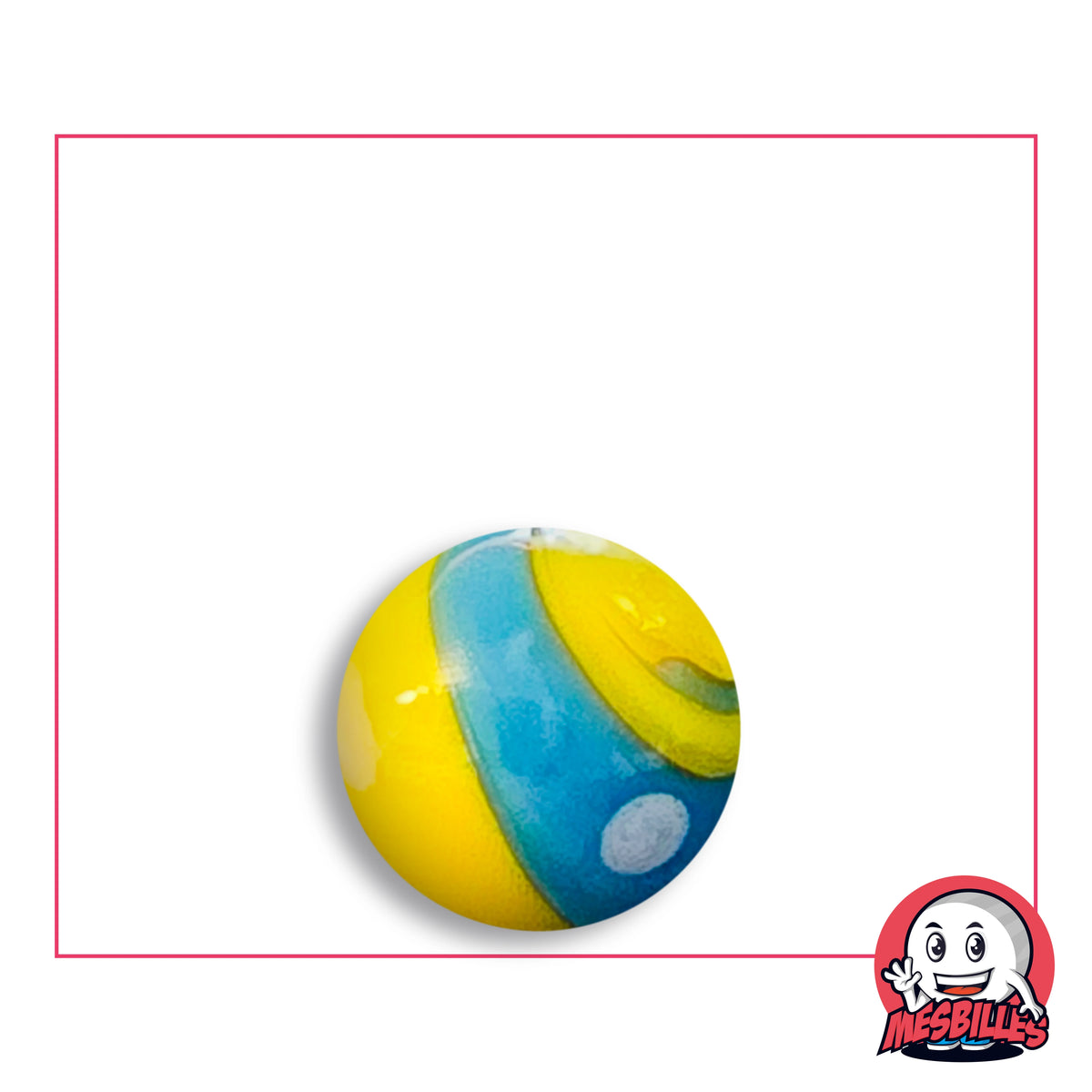 Bille Big-Bang Jaune et Turquoise 16 mm Collector en verre jaune à ruban turquoise et point blanc, vue de dessus, 16 mm de diamètre