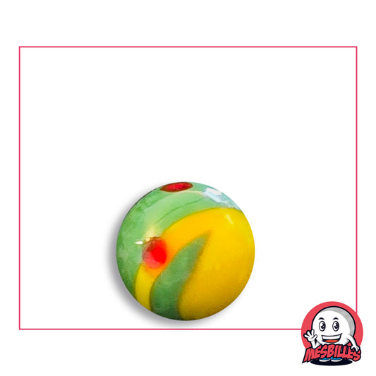 Bille Big-Bang Jaune et Vert 16 mm Collector en verre jaune et vert d'eau à points rouges, vue de dessus, 16 mm de diamètre