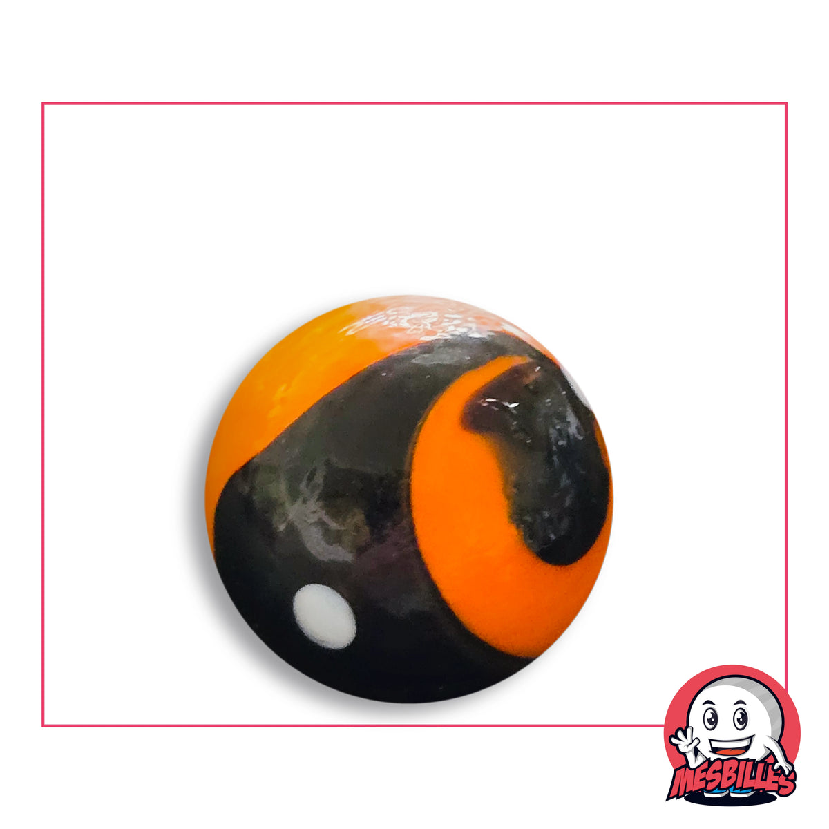 Bille Big-Bang Orange et Noir 25 mm Collector en verre orange et noir à pois blanc, vue de dessus, 25 mm de diamètre