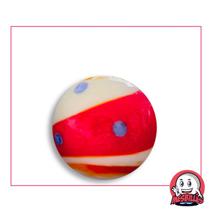 Bille Big-Bang Rouge et Bleu 25 mm Collector en verre rouge et blanc crème à pois bleus, vue de dessus, 25 mm de diamètre