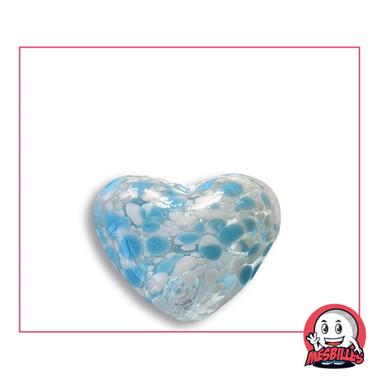 Bille Coeur Cristal Mouchetée Turquoise et Blanc en verre incolore à pastilles turquoise et blanches, vue de dessus, environ 25 mm de large