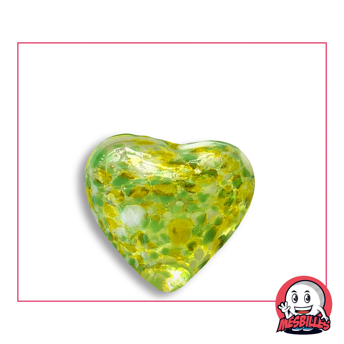 Bille Coeur Cristal Mouchetée Vert-Clair et Jaune en verre incolore moucheté de vert tendre et de jaune doré, vue de dessus, environ 25 mm de large