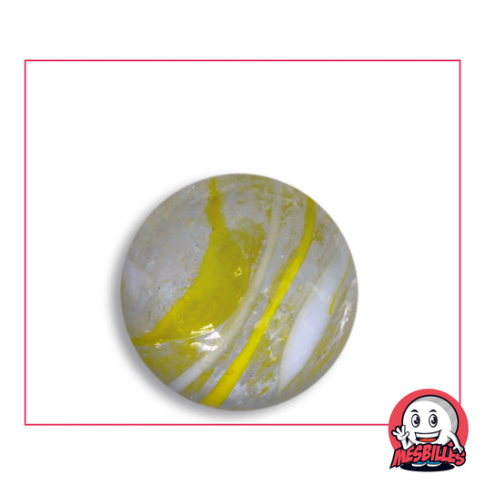 Bille Cyclone Jaune 25 mm Collector en verre incolore à larges traînées jaunes et zones blanches, vue de dessus, 25 mm de diamètre
