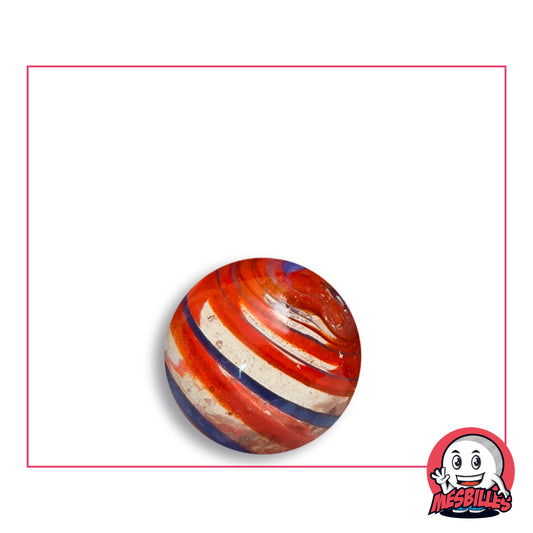 Bille Cyclone Rouge et Bleu 16 mm Collector en verre clair à bandes rouge orangé, crème et bleu foncé en spirale, vue de dessus, 16 mm de diamètre