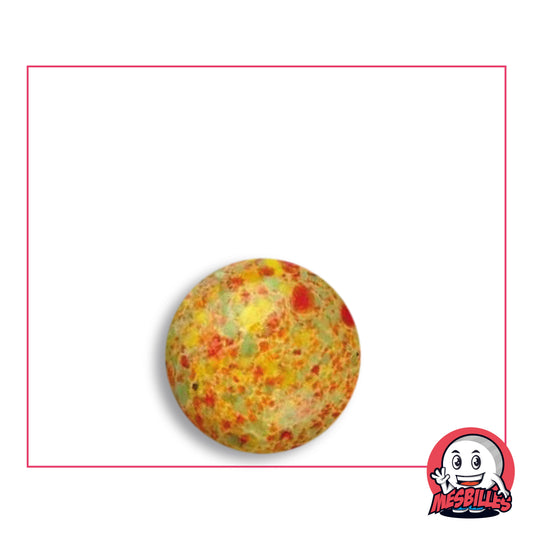 Flyer Planet marble 16 mm KimPlay Collector in golden yellow glass speckled with red, sage green and lemon yellow, top view, 16 mm in diameter