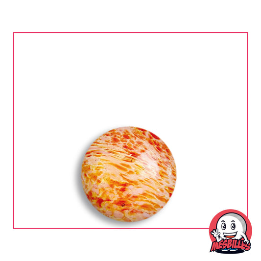 Flyer Red marble 16 mm KimPlay Collector in clear pinkish glass with orange and red streaks and flecks, top view, 16 mm in diameter